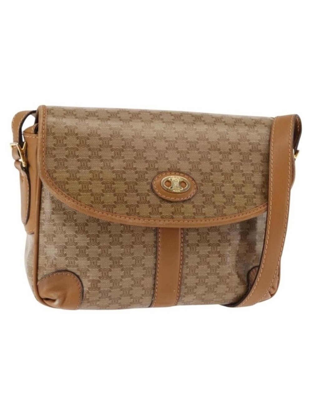 Authentic CELINE Macadam Canvas Shoulder Bag PVC Beige Gold